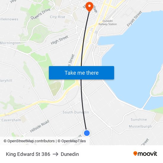 King Edward St 386 to Dunedin map