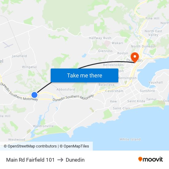 Main Rd Fairfield 101 to Dunedin map
