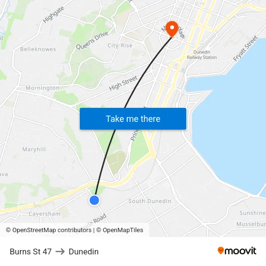 Burns St 47 to Dunedin map