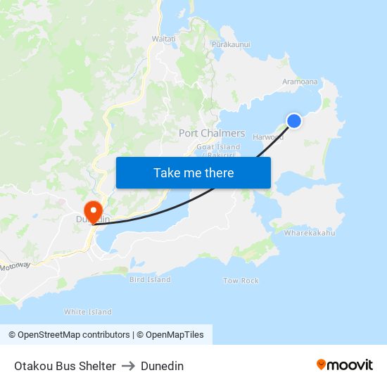Otakou Bus Shelter to Dunedin map