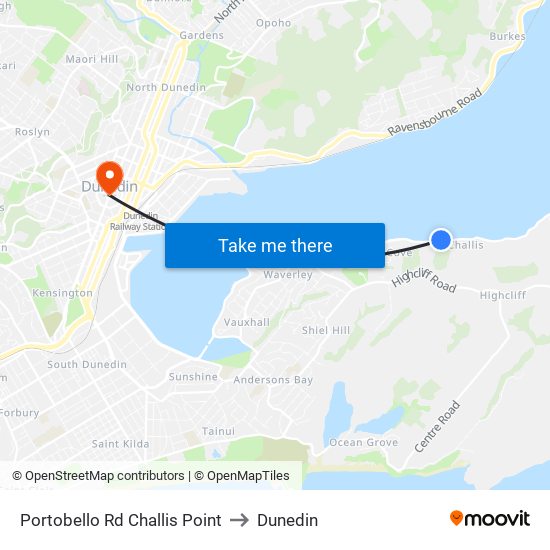 Portobello Rd Challis Point to Dunedin map