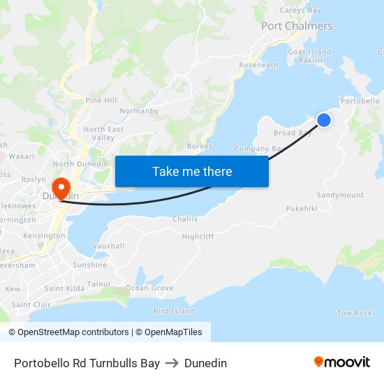 Portobello Rd Turnbulls Bay to Dunedin map