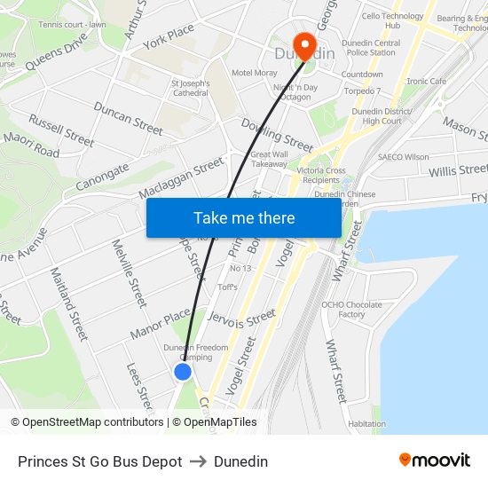Princes St Go Bus Depot to Dunedin map