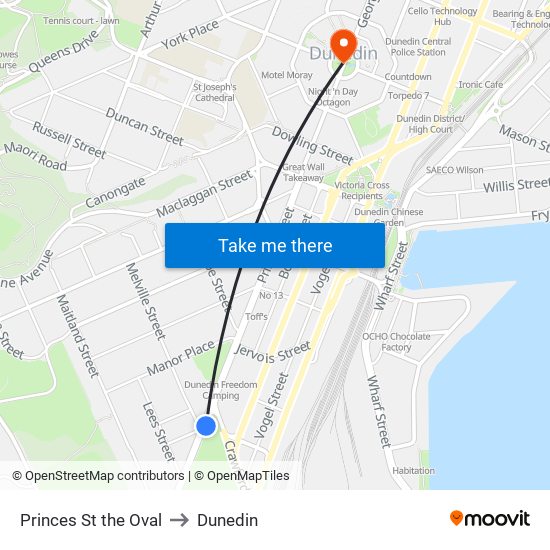 Princes St the Oval to Dunedin map