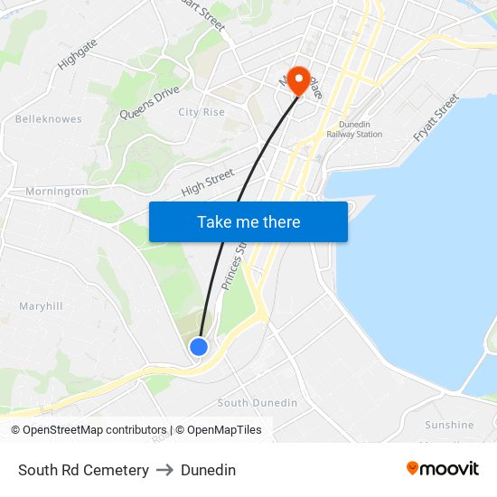 South Rd Cemetery to Dunedin map