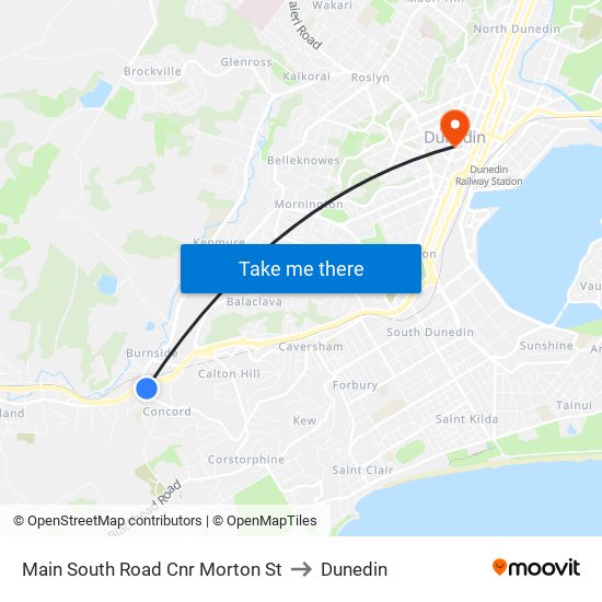 Main South Road Cnr Morton St to Dunedin map