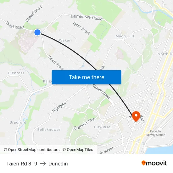 Taieri Rd 319 to Dunedin map