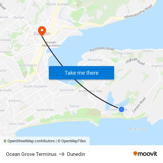 Ocean Grove Terminus to Dunedin map