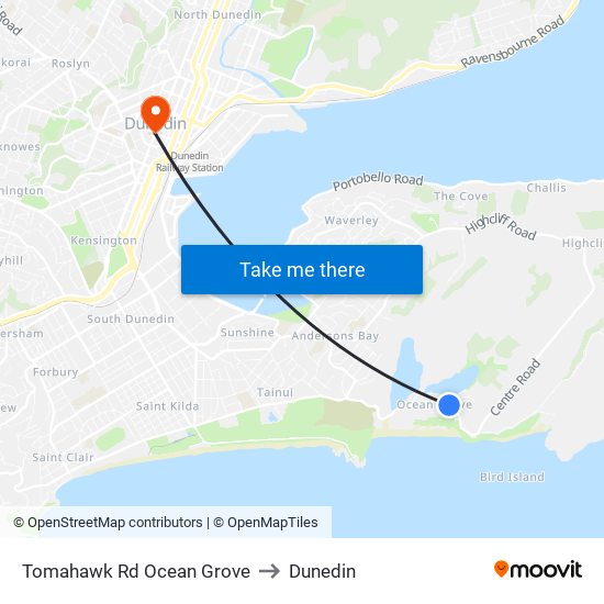 Tomahawk Rd Ocean Grove to Dunedin map