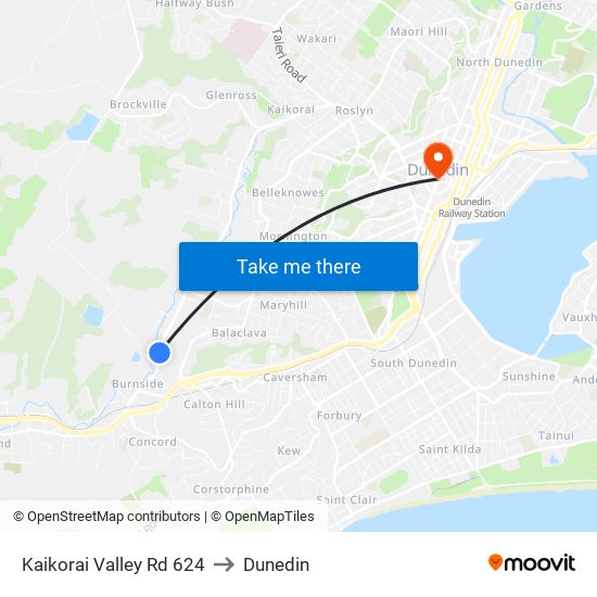 Kaikorai Valley Rd 624 to Dunedin map