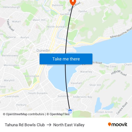 Tahuna Rd Bowls Club to North East Valley map