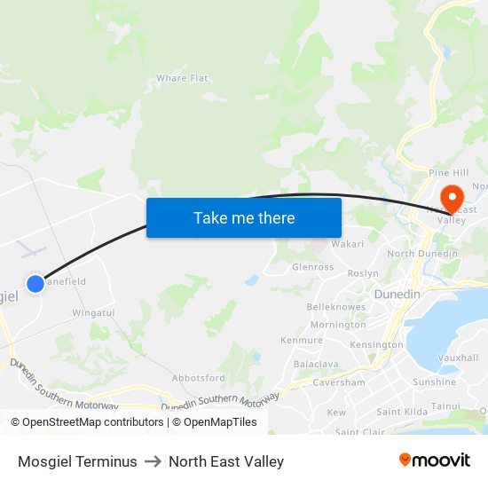 Mosgiel Terminus to North East Valley map