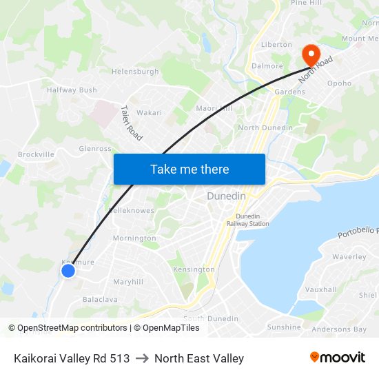 Kaikorai Valley Rd 513 to North East Valley map