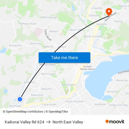 Kaikorai Valley Rd 624 to North East Valley map
