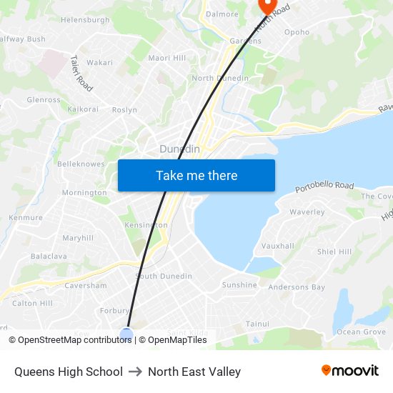 Queens High School to North East Valley map