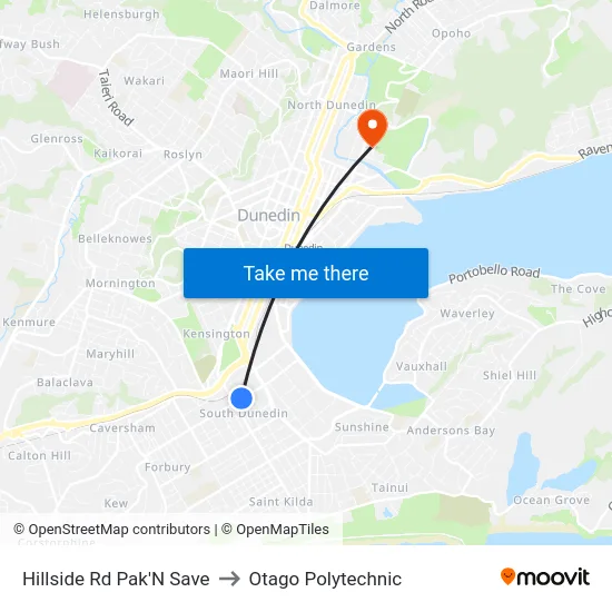 Hillside Rd Pak'N Save to Otago Polytechnic map