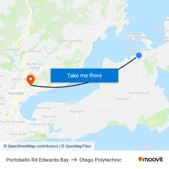 Portobello Rd Edwards Bay to Otago Polytechnic map
