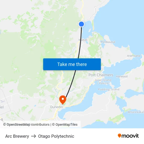 Arc Brewery to Otago Polytechnic map