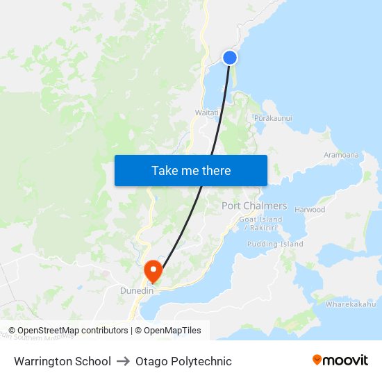 Warrington School to Otago Polytechnic map