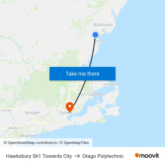 Hawksbury Sh1 Towards City to Otago Polytechnic map