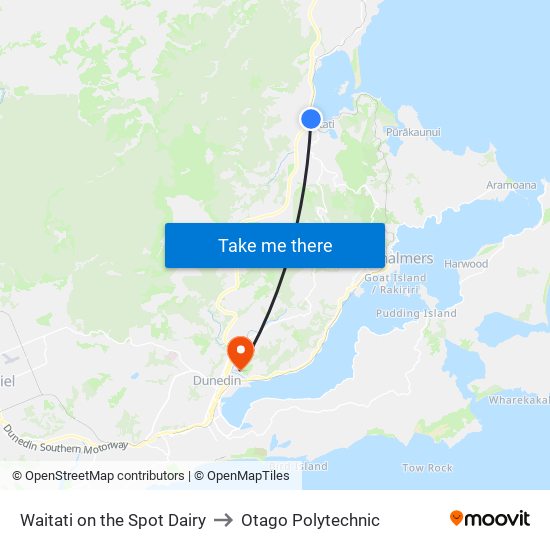 Waitati on the Spot Dairy to Otago Polytechnic map
