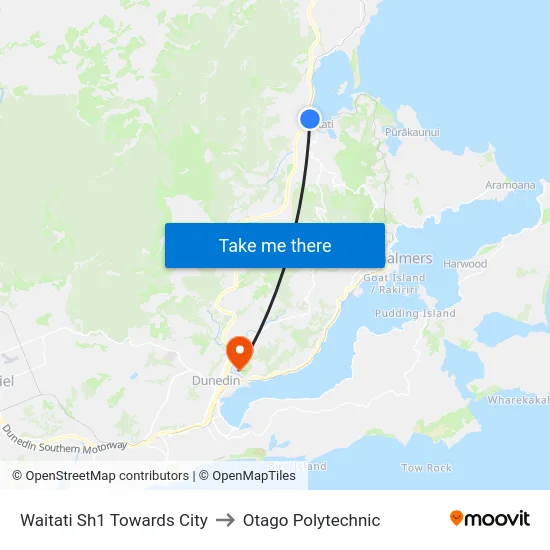 Waitati Sh1 Towards City to Otago Polytechnic map