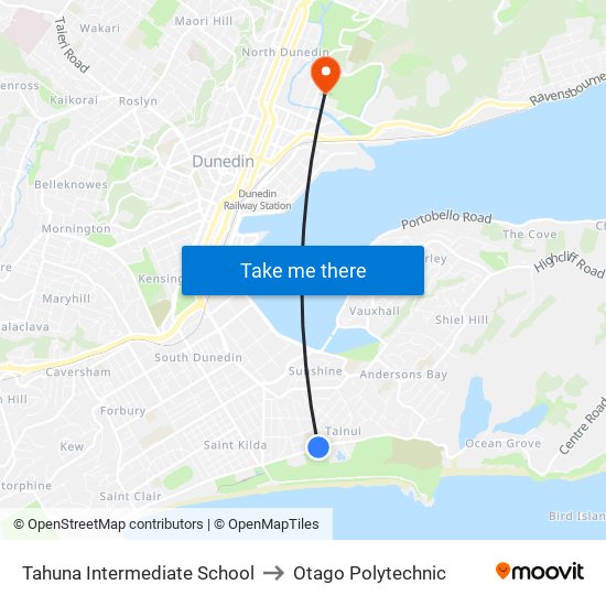 Tahuna Intermediate School to Otago Polytechnic map