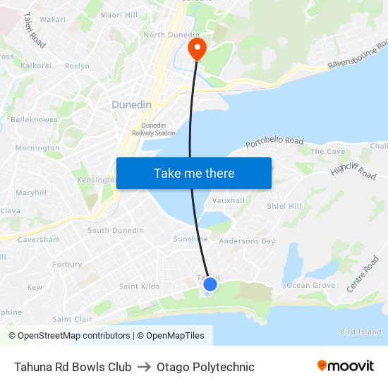 Tahuna Rd Bowls Club to Otago Polytechnic map