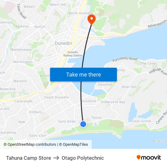 Tahuna Camp Store to Otago Polytechnic map