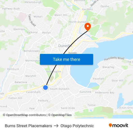 Burns Street Placemakers to Otago Polytechnic map