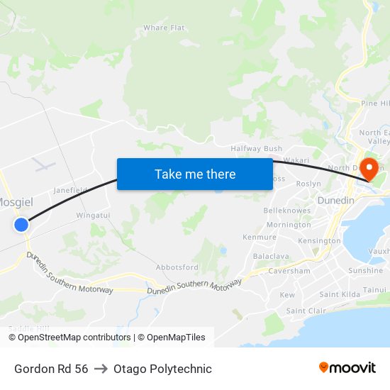 Gordon Rd 56 to Otago Polytechnic map
