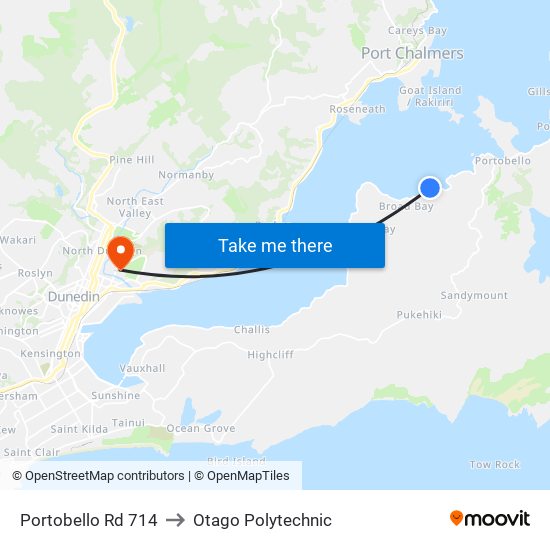 Portobello Rd 714 to Otago Polytechnic map