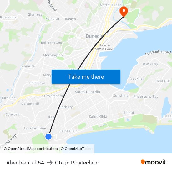 Aberdeen Rd 54 to Otago Polytechnic map