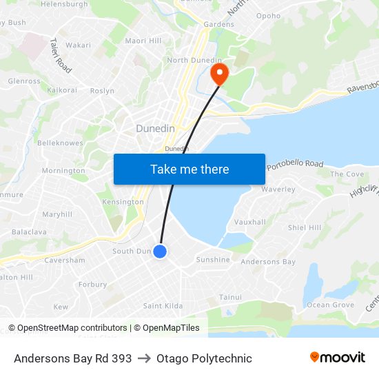 Andersons Bay Rd 393 to Otago Polytechnic map