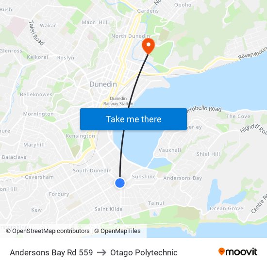 Andersons Bay Rd 559 to Otago Polytechnic map