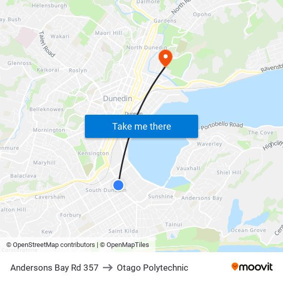 Andersons Bay Rd 357 to Otago Polytechnic map