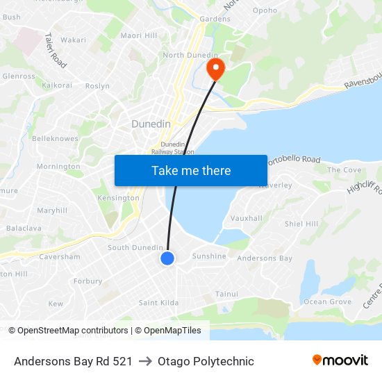 Andersons Bay Rd 521 to Otago Polytechnic map