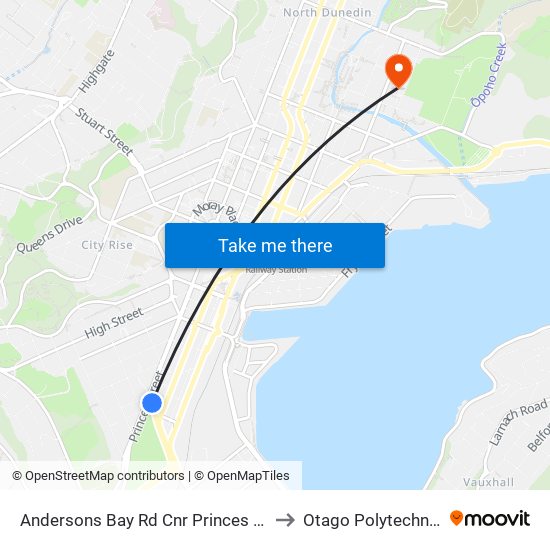 Andersons Bay Rd Cnr Princes St to Otago Polytechnic map