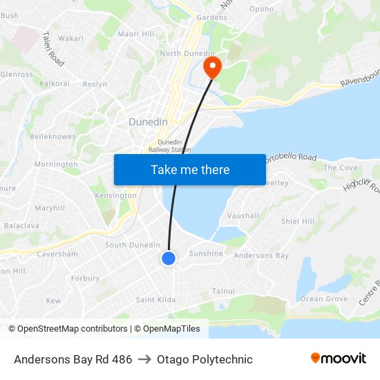 Andersons Bay Rd 486 to Otago Polytechnic map