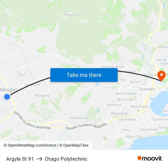 Argyle St 91 to Otago Polytechnic map