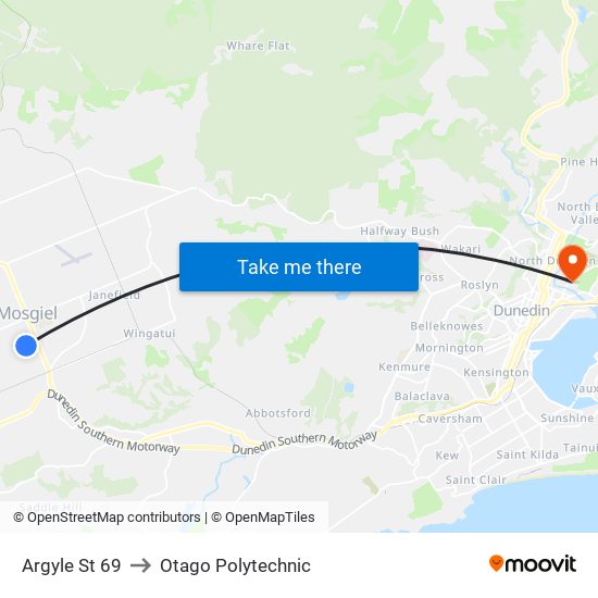 Argyle St 69 to Otago Polytechnic map