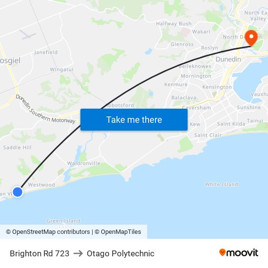 Brighton Rd 723 to Otago Polytechnic map