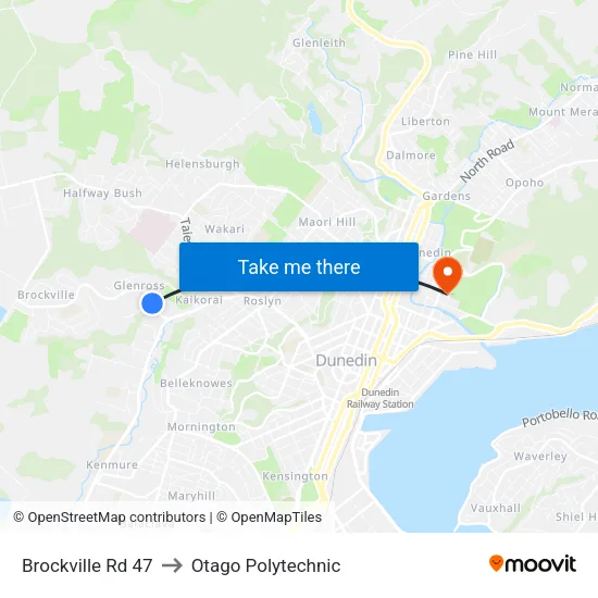 Brockville Rd 47 to Otago Polytechnic map