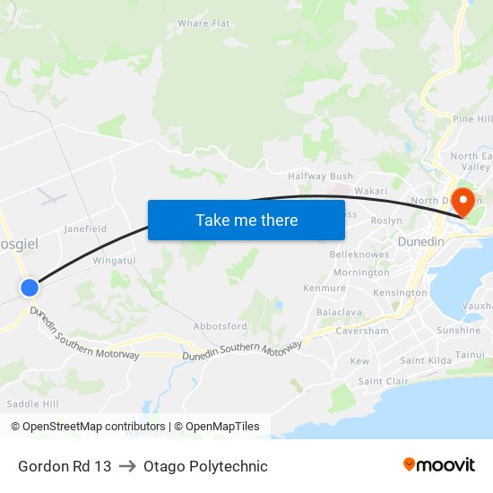 Gordon Rd 13 to Otago Polytechnic map