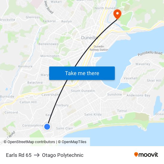 Earls Rd 65 to Otago Polytechnic map