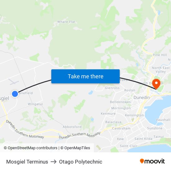 Mosgiel Terminus to Otago Polytechnic map