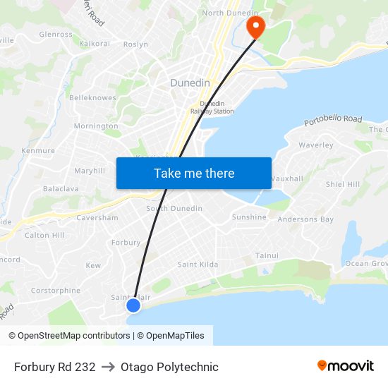 Forbury Rd 232 to Otago Polytechnic map