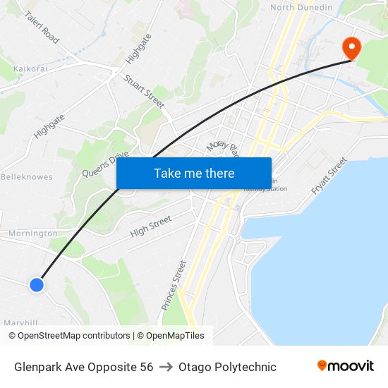 Glenpark Ave Opposite 56 to Otago Polytechnic map