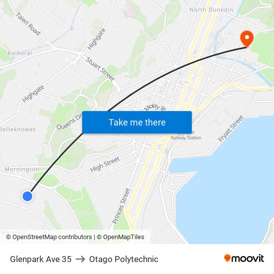 Glenpark Ave 35 to Otago Polytechnic map