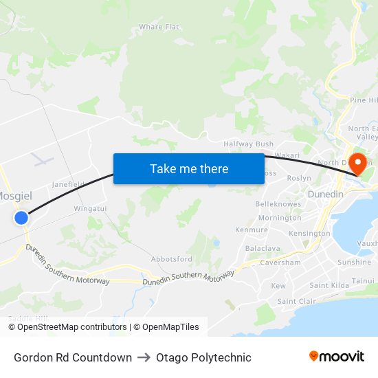 Gordon Rd Countdown to Otago Polytechnic map